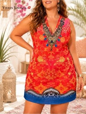 VENUS OMBRÉ PAISLEY SLEEVELESS JEWELED NECK BODYCON DRESS